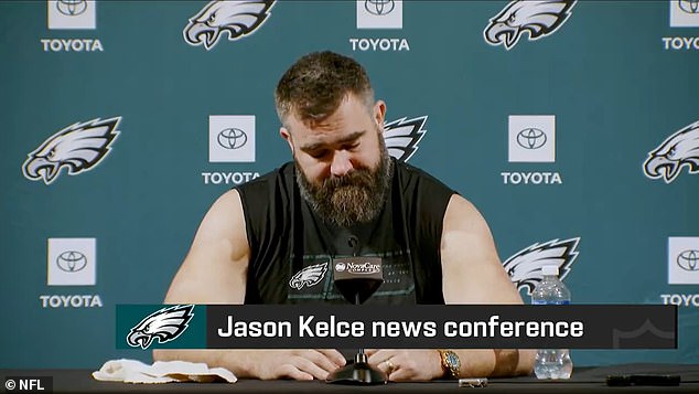 Jason Kelce cried as he praised his younger brother Travis' impact on his career from the beginning.