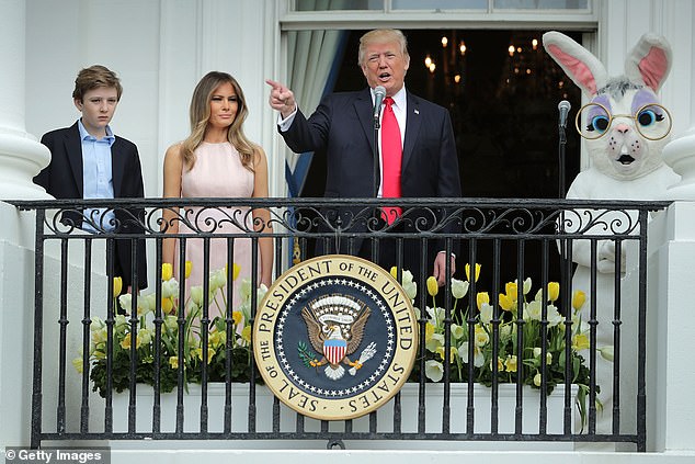 Former President Donald Trump delivers a speech from the Truman Balcony before the 139th White House Easter Egg Drop event in 2017.