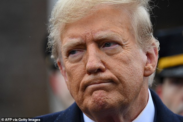 Former US President Donald Trump speaks to reporters after attending the wake of New York Police Department (NYPD) Officer Jonathan Diller in Massapequa, Long Island, New York, on March 28, 2024.