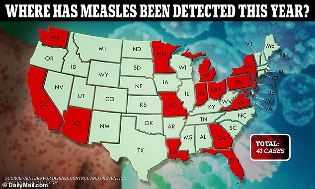 The map above shows the states that have detected measles cases so far this year.