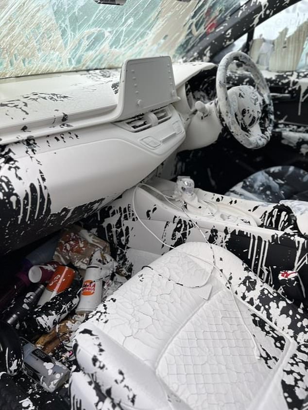 The video published on X shows the interior of the vehicle, believed to be a Toyota C-HR dipped in seven five-liter buckets of white paint.