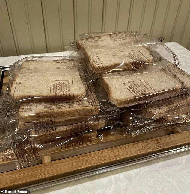 Those at Bored Panda compiled examples of the most useless uses of plastic packaging.  Pictured: Individually wrapped slices of bread.