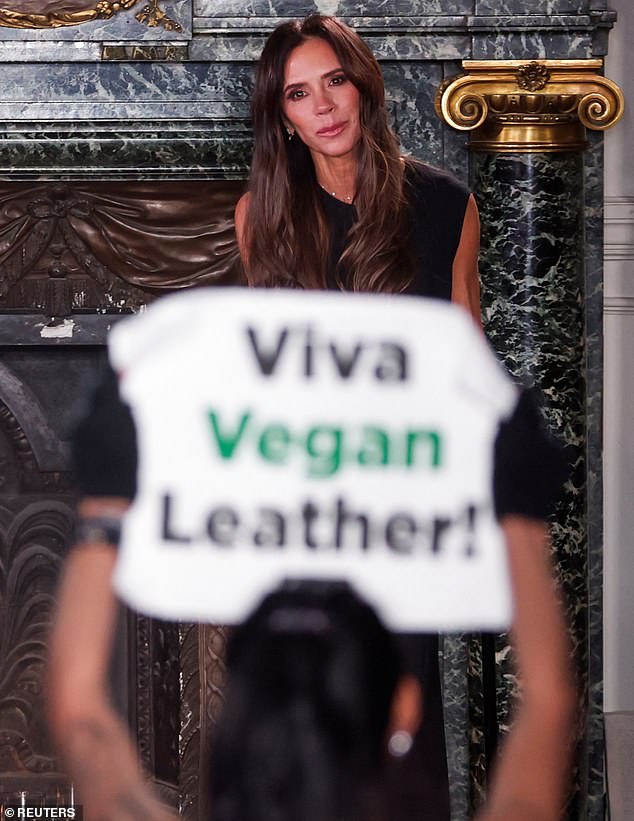 Victoria Beckham has been urged to ban animal leather from her clothing collections, days after her latest show at Paris Fashion Week was disrupted by animal rights protesters.