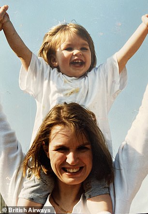 She, as a child, on her mother's shoulders