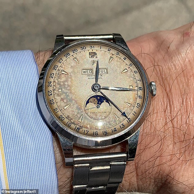 Wealthy fans of designer watches prefer beat-up vintage bracelets over shiny new watches (pictured: Jeffrey Binstock's Rolex 8171 from the late 1950s)