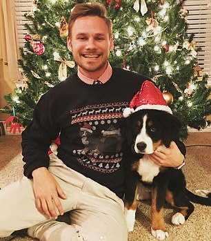 Evan White, of Dallas and the oldest of three children, was diagnosed with stage three colon cancer at the age of 24 after entering the hospital to have a tonsil abscess removed. He appears in the photo above at Christmas with his then puppy, a Bernese Mountain Dog, named Lola.
