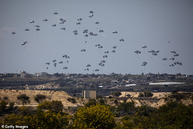 Humanitarian aid falls through the sky towards the Gaza Strip