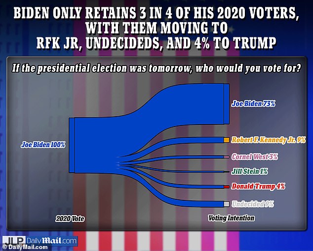 President Joe Biden is losing 9 percent of his 2020 voters to independent presidential candidate Robert F. Kennedy Jr., an exclusive new DailyMail.com poll shows, as well as 3 percent to Cornel West and 1 percent before Jill Stein. Another 4 percent turn to Trump
