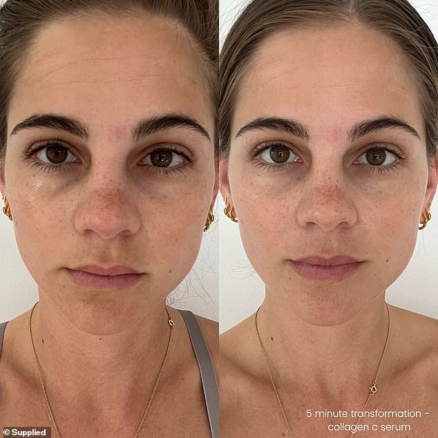 Sabbia Co-Owner Katie Eales shares before (left) and after (right) photos taken five minutes apart using the brand's Collagen C Serum
