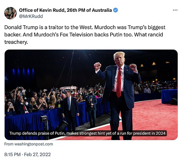 Rudd, who launched a war against News Corp in 2020, has previously criticized Trump in a series of tweets (including one pictured)