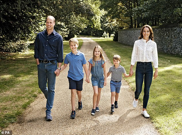 Prince and Princess of Wales with their three children Prince George, Princess Charlotte and Prince Louis in Norfolk