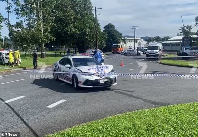 A man was shot after reportedly crashing a stolen police car outside the IGA in Woree, Cairns (pictured) on Wednesday morning.