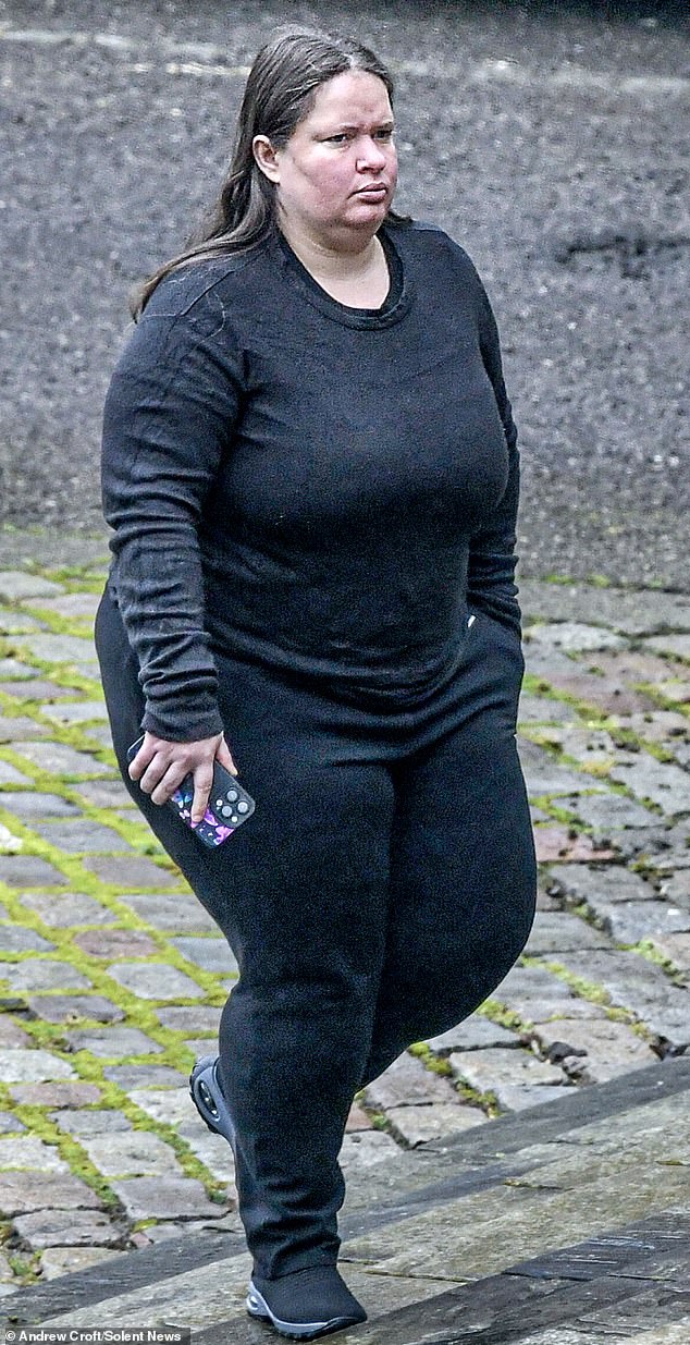 Jeniffer Rocha, 35 (pictured outside Winchester Crown Court today) now faces prison after biting Stephen Jenkinson's thumb down to the knuckle during the freak attack in Aldershot, Hampshire.