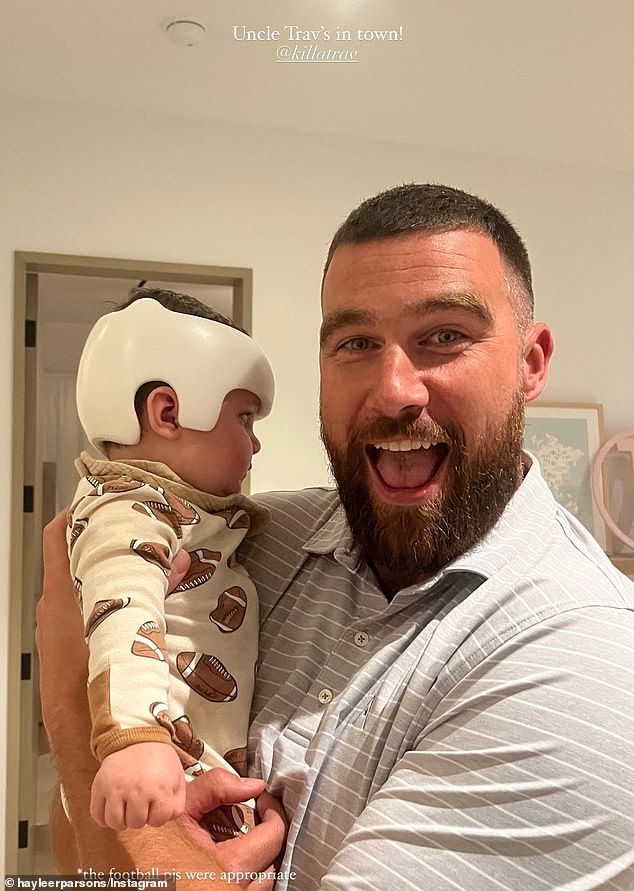 Travis Kelce visited his friend Chandler Parsons' house and posed with his little son Chrome