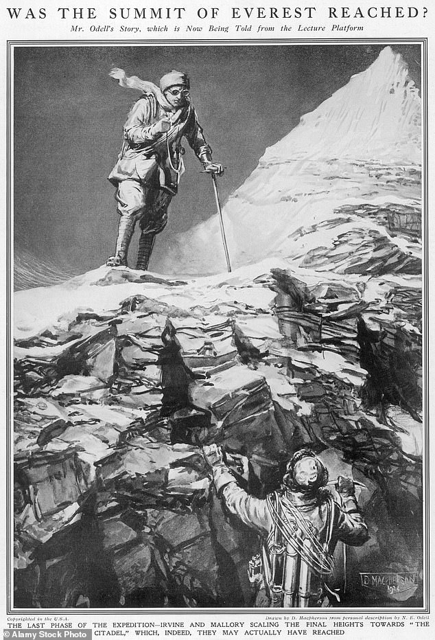 This is an artist's impression of George Leigh Mallory (above) and Andrew Irvine climbing the second step of Everest.