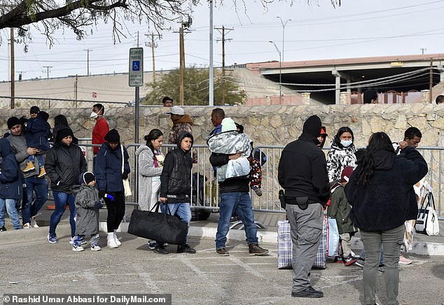 The immigrants in the video were taken by bus to Denver by Texas Governor Greg Abbott last week (pictured: immigrants being processed in El Paso to be sent to Denver).