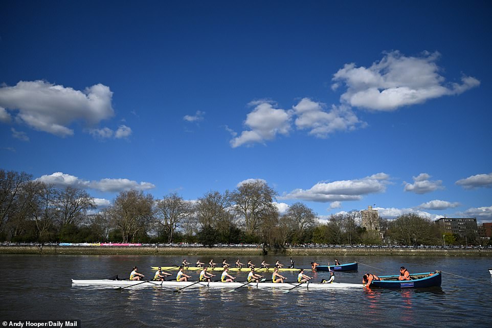 The historic race starts in Putney and finishes in Mortlake, with spectators stretching for miles along both banks of the river.