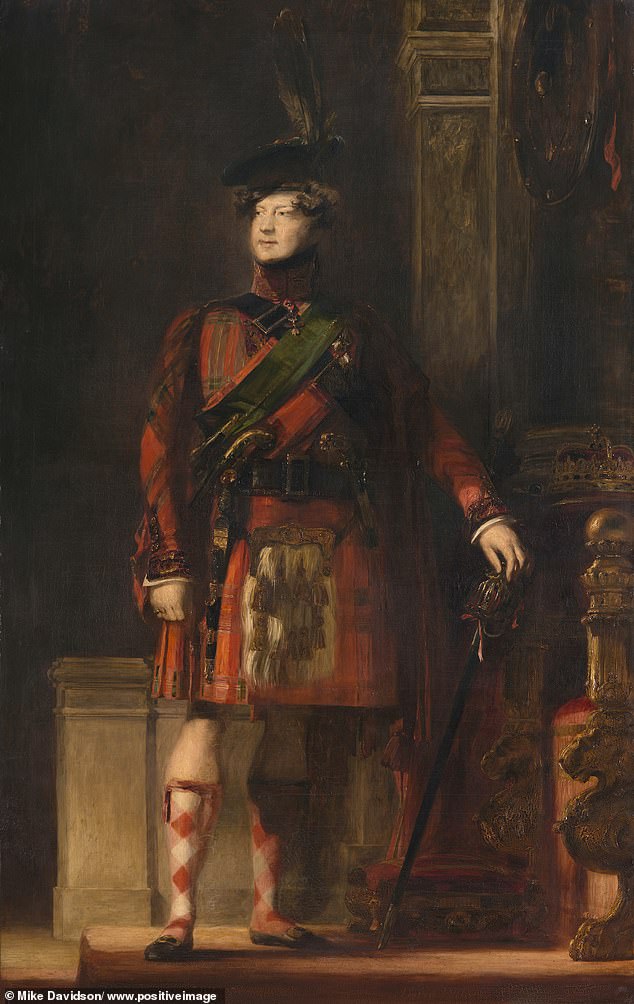 George IV's two-week visit to Edinburgh was the first trip to Scotland by a reigning monarch since the mid-17th century.  The visit was considered a great success.  Organized by the Scottish novelist Sir Walter Scott, it boosted the king's popularity in Scotland.  The Holyroodhouse exhibition shows David Wilkie's full-length portrait of the king in a Royal Stewart tartan.