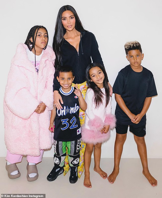 Kim (seen with her kids North, 10, Saint, eight, Chicago, six, and Psalm, four) wants Bianca Censori to cover up when she's with her kids.