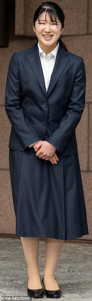 The princess is pictured in front of the Red Cross building in Tokyo.