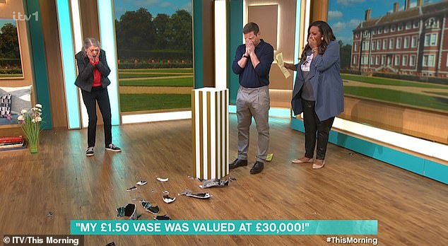 Dermot then pretended to fall into the vase, leaving the pot shattered on the floor and Alison in complete shock at his mistake.