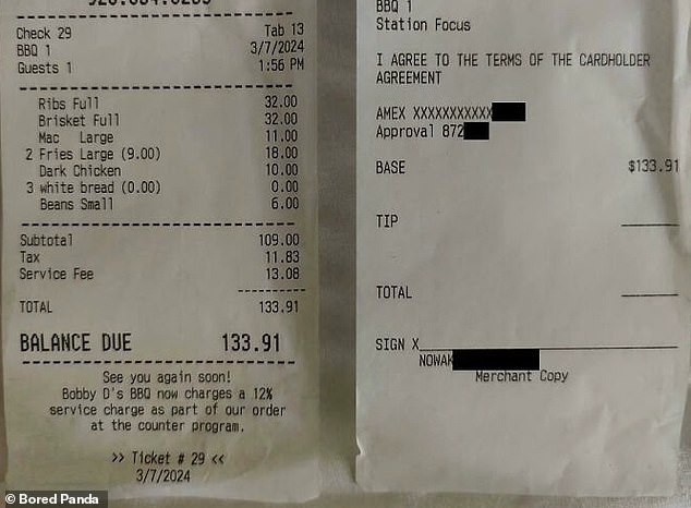 Elsewhere, a barbecue restaurant in Arizona, where you sit down, serve your own drinks, order at the counter and pay a 12 percent order service fee, still asks the staff for a tip on the bill.