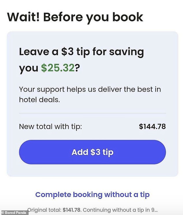 Meanwhile, another person booked a hotel room online and was asked to tip the website.