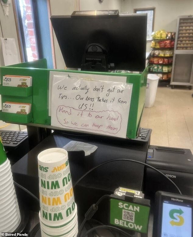 People were stunned to see Subway employees waving and asking customers to hand over their tips because their boss takes them otherwise.