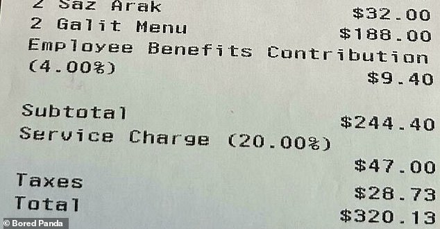In the United States, a customer was stunned to find that she had to pay a “benefits contribution” on her receipt.