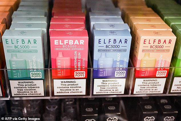 Elf Bar flavored vaping disposable e-cigarette products are displayed in a convenience store in June 2023. The FDA has announced fines for retailers selling the devices in February 2024.