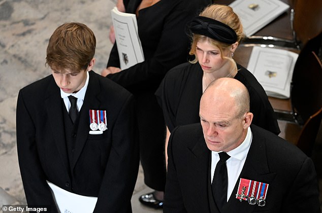 Pictured: Lady Louise and her brother, along with Mike Tindall at Westminster Abbey for the state funeral of Queen Elizabeth II.