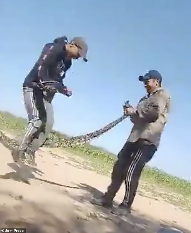 They began to swing the snake violently, allowing the third man to jump up and down as the snake's body passed beneath him.