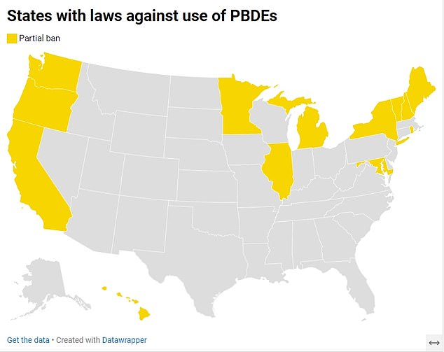The map above shows states that have banned some forms of PBDEs. They are banned in many countries, including the European Union.