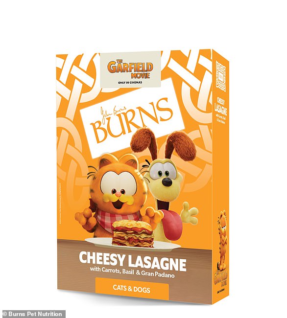 Burns Pet Nutrition announced its new partnership with The Garfield Movie in a unique way, launching a faux pet food version of the movie cat's favorite food.