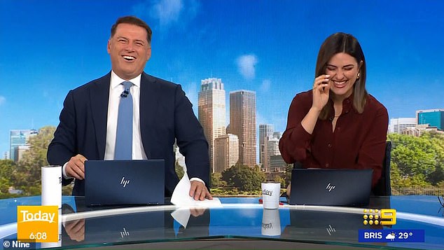 Presenters Sarah Abo, 37 (right) and Karl Stefanovic, 49 (left), cringed and laughed in embarrassment at the awkward moment.