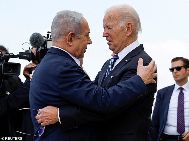 US President Joe Biden is greeted by Israeli Prime Minister Benjamin Netanyahu during his visit to Israel amid the ongoing conflict between Israel and Hamas, in Tel Aviv, Israel, on October 18, 2023.