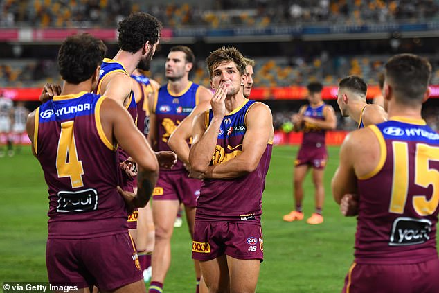 Brisbane have had a shocking start to the season, losing three games in a row, but the club has denied that the trip to Las Vegas caused tensions in the playing group (pictured, the Brisbane stars after their loss to Collingwood)