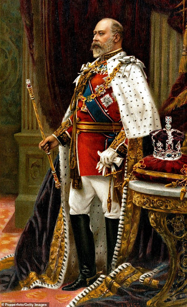 King Edward VII photographed in full coronation robes, after being crowned on 9 August 1902.