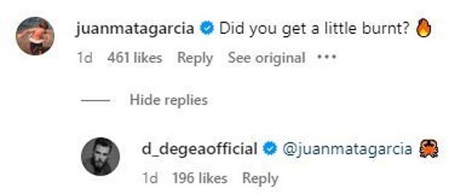 Mata mocked by asking about De Gea's burn and his former teammate responded with a crab