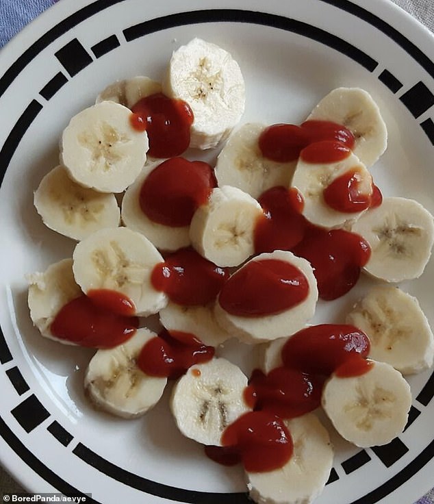 The health value of the fresh banana was slightly altered by a generous dose of tomato ketchup.