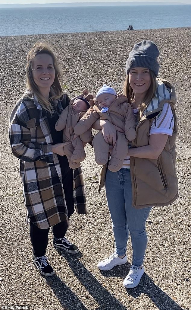 Meet 10-week-old Elvis and his 11-day-old brother Ezra, who have made British history alongside their mothers Emily Patrick (right) and Kerry Osborn (left).