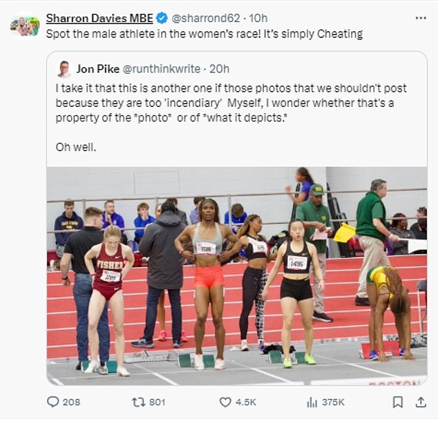 Davies wrote on X (formerly Twitter): 'Discover the male athlete in the women's race!  It's just cheating.'