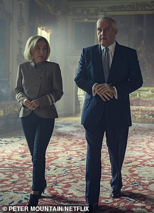 Based on the book Scoops by Sam McAlister, the film captures the tension behind hiring royalty for the interview (pictured: Rufus and Gillian).