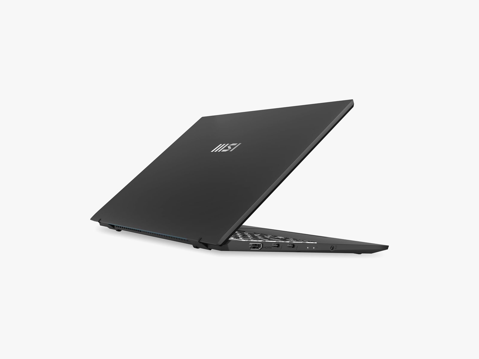Side view of a sleek black laptop, opened approximately 45 degrees
