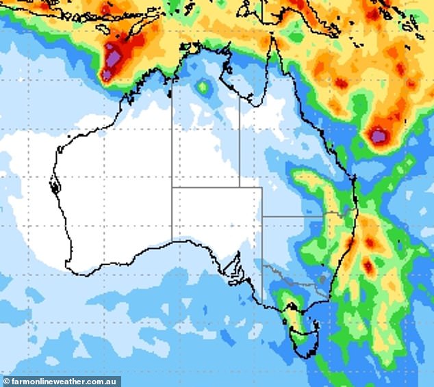 A map of accumulated rainfall for this week shows heavy rain is likely to fall in Sydney and Brisbane, while rainfall earlier in the week in Melbourne will ease.