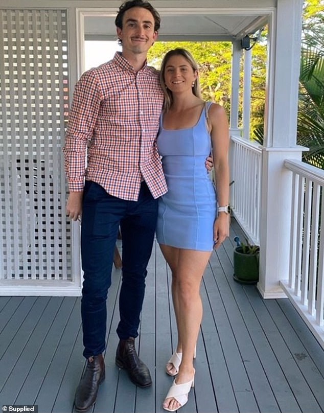 Bridget Carkeet, now 28, bought a four-bedroom house in Ipswich, Queensland, for $500,000 in 2021 (pictured right with boyfriend Aidan Lunney)