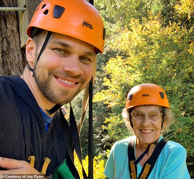 The nonagenarian – pictured on a zipline adventure in New River Gorge National Park and Preserve in West Virginia – got her first passport at the age of 91.