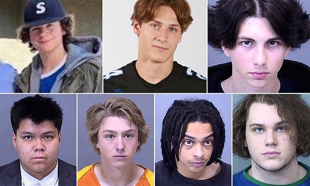 The seven suspects in the murder of Preston Lord, from top left to bottom right: Jacob Meisner, Talan Renner, Taylor Sherman, Treston Billey, Talyn Vigil, Dominic Turner, William Owe Hines