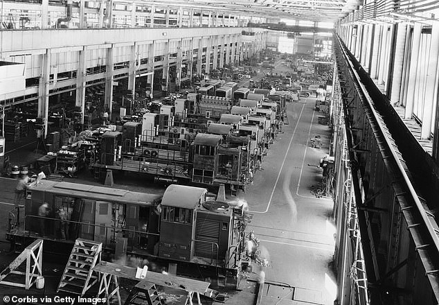Diesel-electric locomotive cars are manufactured at the General Electric Erie Works plant.