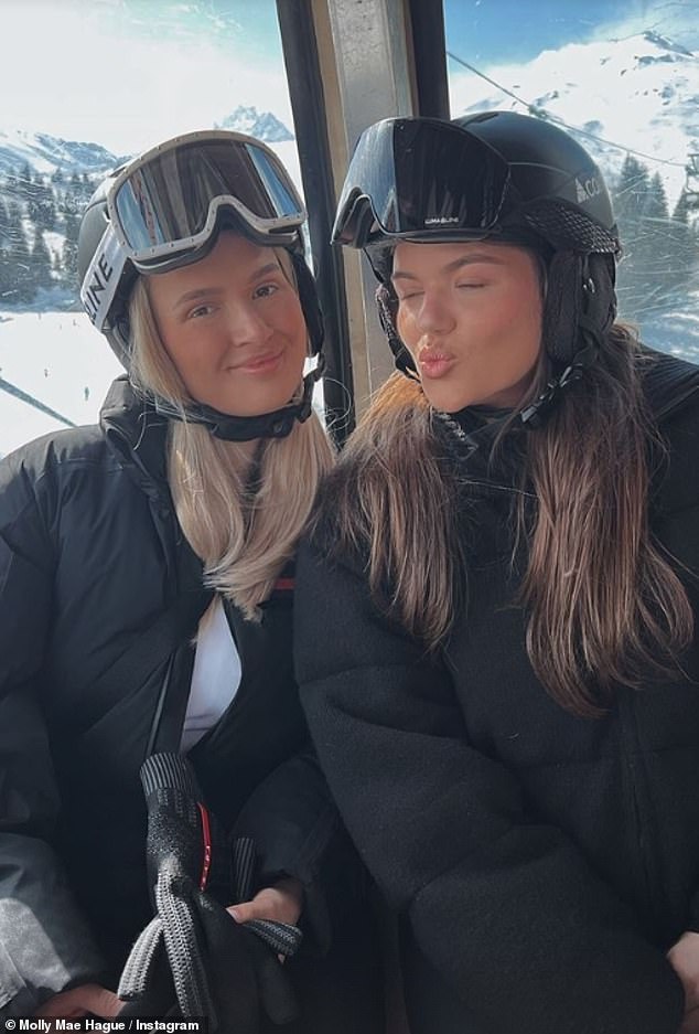 The star, who has a net worth of more than £6million, took a group of her friends on a private jet to the luxury ski destination this week (pictured with friend Tayla).